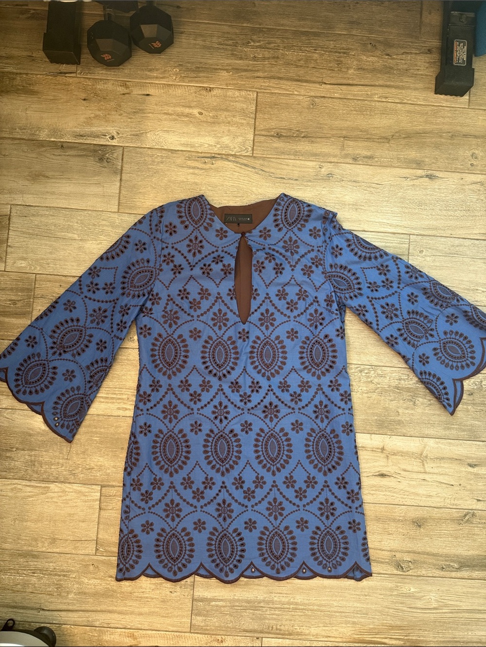 NWOT Zara Blue Dress with Brown Floral Eyelet Pattern